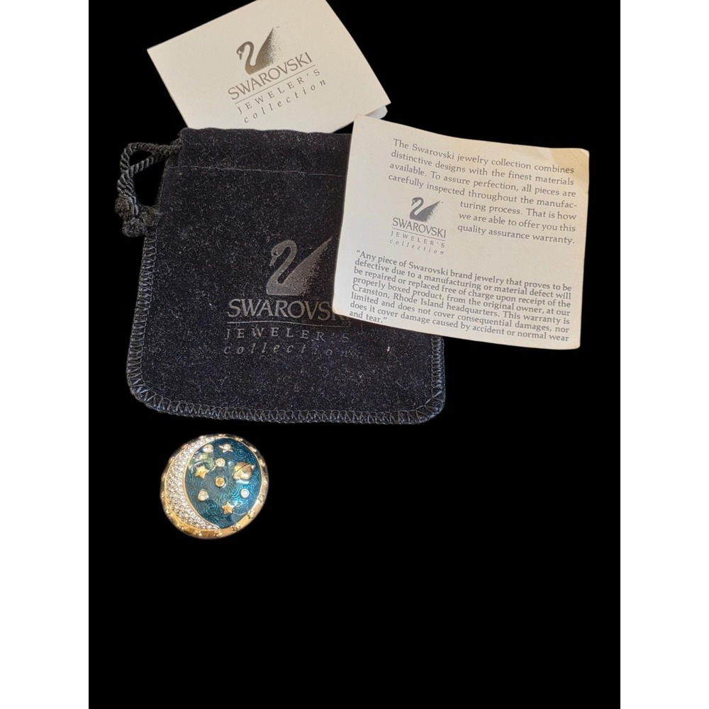 Swarovski Swan Celestial Moon Stars Enamel Brooch Vintage Crystal Night Sky